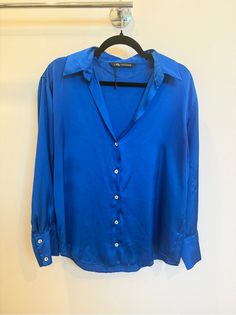 Zara Women's Royal Blue Silk Button-Down Blouse